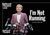 A blonde short-haired woman in a suit stands by many media microphones. The words "I'm Not Running" are beside her, white against a black background A blonde short-haired woman in a suit stands by many media microphones. The words "I'm Not Running" are beside her, white against a black background