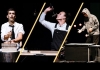 A composite image of three performers against black backgrounds - one has a knife, another a hammer, and the third is juggling A composite image of three performers against black backgrounds - one has a knife, another a hammer, and the third is juggling