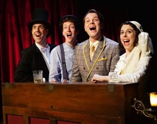 4 actors dressed in period vaudevillian clothes, in the act of singing energetically 4 actors dressed in period vaudevillian clothes, in the act of singing energetically