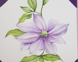 A watercolour painting of a purple flower with leaves A watercolour painting of a purple flower with leaves
