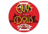 A round red logo with Guys and Dolls written on it, featuring vintage cocktail glasses and silhouettes of dancers A round red logo with Guys and Dolls written on it, featuring vintage cocktail glasses and silhouettes of dancers