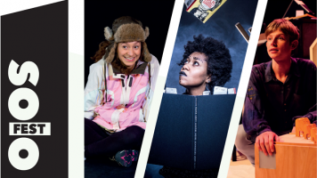 A composite image of three performers; one is an explorer, one looks up from a book and another crouches by a wooden box. A composite image of three performers; one is an explorer, one looks up from a book and another crouches by a wooden box.