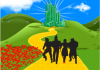 An illustration showing a yellow brick road, leading to a sparking emerald city, with four silhouettes of a scarecrow, tin man, young girl and lion in the foreground An illustration showing a yellow brick road, leading to a sparking emerald city, with four silhouettes of a scarecrow, tin man, young girl and lion in the foreground