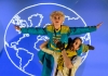 The Little Prince, dressed in a blue uniform, is lifted against a backdrop of the earth. The Little Prince, dressed in a blue uniform, is lifted against a backdrop of the earth.