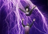 A female dancer thrown in the air by her male co-dancer with a purple electric light in the background A female dancer thrown in the air by her male co-dancer with a purple electric light in the background