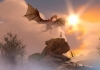 A dragon flies towards a rock, on which a knight stands with a sword, as the sun glows in the background. A dragon flies towards a rock, on which a knight stands with a sword, as the sun glows in the background.