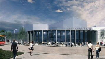 An artist's impression of the Warwick Arts Centre showing a blue sky and a glass-fronted building An artist's impression of the Warwick Arts Centre showing a blue sky and a glass-fronted building