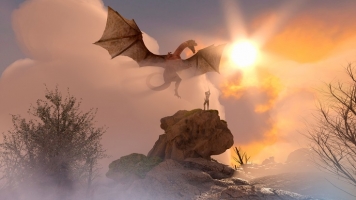 A knight on a mountainous ledge fends off a swooping dragon A knight on a mountainous ledge fends off a swooping dragon