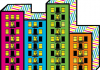 Illustration. Four brightly coloured buildings. Illustration. Four brightly coloured buildings.