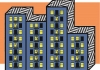 Illustration. Blue buildings with illuminated windows. Illustration. Blue buildings with illuminated windows.