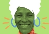An image of a woman on a green background with white hair and blue earrings painted on her. An image of a woman on a green background with white hair and blue earrings painted on her.