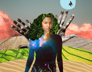 A green-haired woman emerging from the earth with hands framing her A green-haired woman emerging from the earth with hands framing her