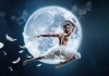 Male swan leaping in front of a moon. Male swan leaping in front of a moon.