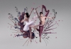 Two ballerinas dance in front of images of a harp, violins and music notes Two ballerinas dance in front of images of a harp, violins and music notes