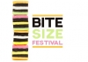 4 striped, multi-coloured sweets are stacked on top of one another. The words read "Bite Size Festival". 4 striped, multi-coloured sweets are stacked on top of one another. The words read "Bite Size Festival".