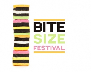 4 striped, multi-coloured sweets are stacked on top of one another. The words read "Bite Size Festival". 4 striped, multi-coloured sweets are stacked on top of one another. The words read "Bite Size Festival".