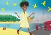 A woman in a yellow dress walks between a bright tropical landscape towards a grey western landscape. A woman in a yellow dress walks between a bright tropical landscape towards a grey western landscape.