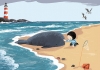 An illustration of a seashore where a small child strokes a little whale that has washed up on the beach. An illustration of a seashore where a small child strokes a little whale that has washed up on the beach.