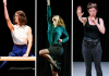 Three images, each showing a woman on stage against a black curtain. Two are holding their hands in the air and one has a finger to her lips. Three images, each showing a woman on stage against a black curtain. Two are holding their hands in the air and one has a finger to her lips.