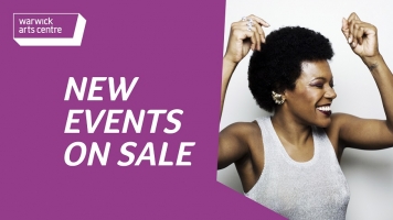 A purple banner with words saying "New Events on Sale". There is an image of a woman smiling with her eyes closed and her arms in the air. A purple banner with words saying "New Events on Sale". There is an image of a woman smiling with her eyes closed and her arms in the air.