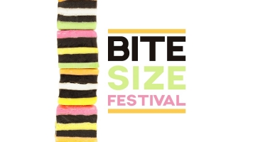 A stack of multi-coloured sweets next to words that read: "Bite Size Festival" A stack of multi-coloured sweets next to words that read: "Bite Size Festival"