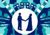 A blue and green illustration of houses, lighthouses and trees, surrounding a silohuette of two people holding hands. A blue and green illustration of houses, lighthouses and trees, surrounding a silohuette of two people holding hands.