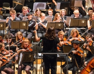 An orchestra playing string and woodwind instruments. An orchestra playing string and woodwind instruments.