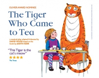 An illustration of a girl sat at a table with a tiger An illustration of a girl sat at a table with a tiger
