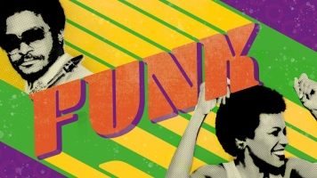 Illustration. A green, purple and yellow banner with portraits of two musicians and a word that says "FUNK". Illustration. A green, purple and yellow banner with portraits of two musicians and a word that says "FUNK".