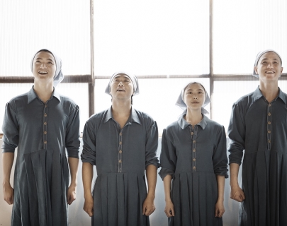 four Korean actors from Factory Girl dressed in blue 1930's style linen overalls four Korean actors from Factory Girl dressed in blue 1930's style linen overalls