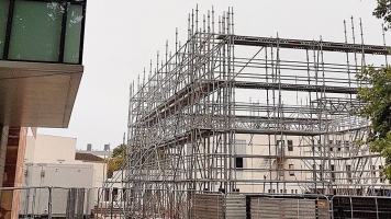 Scaffolding building our new temporary theatre - named The Goose Nest Scaffolding building our new temporary theatre - named The Goose Nest