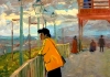 A painted animation of Vincent van Gogh, wearing a yellow jacket, leaning on a bridge underneath street lamps. A painted animation of Vincent van Gogh, wearing a yellow jacket, leaning on a bridge underneath street lamps.