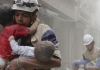 Men in hard hats and protective clothing carry injured children through a war zone. Men in hard hats and protective clothing carry injured children through a war zone.