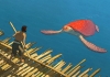 Animation. A large red turtle swims up to a man standing on a raft Animation. A large red turtle swims up to a man standing on a raft