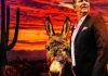 Comedian Stewart Francis in a brown suit standing next to a donkey with a desert sunset in the background Comedian Stewart Francis in a brown suit standing next to a donkey with a desert sunset in the background