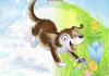 Drawing of a brown and white dog running down a hill covered partly in snow and partly in grass and flowers Drawing of a brown and white dog running down a hill covered partly in snow and partly in grass and flowers