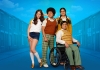 4 teenagers grouped together against a blue background, wearing 1970s clothing. 4 teenagers grouped together against a blue background, wearing 1970s clothing.
