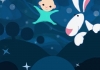 Drawing of a baby in a blue sleepsuit floating in the starry night Drawing of a baby in a blue sleepsuit floating in the starry night
