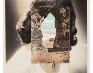 A black and white photograph of a woman with her face covered by another photograph depicting a rock with a whole in it A black and white photograph of a woman with her face covered by another photograph depicting a rock with a whole in it