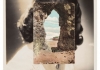 A black and white photograph of a woman with her face covered by another photograph depicting a rock with a whole in it A black and white photograph of a woman with her face covered by another photograph depicting a rock with a whole in it